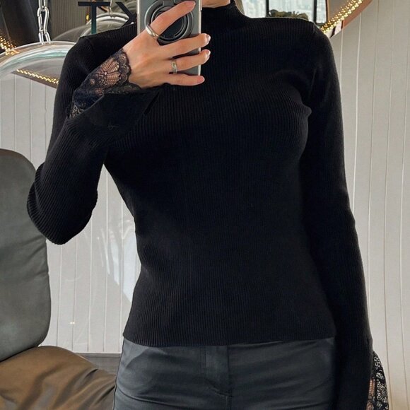 Black Casual Women's Elegant Lace Patchwork Sweater - Picture 8 of 8